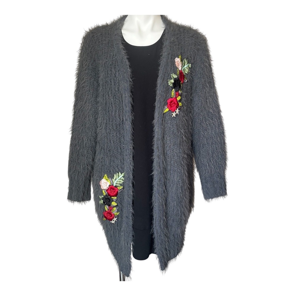 POL Women's Small‎ Oversized Open Eyelash Knit Floral Embroidered Long Cardigan